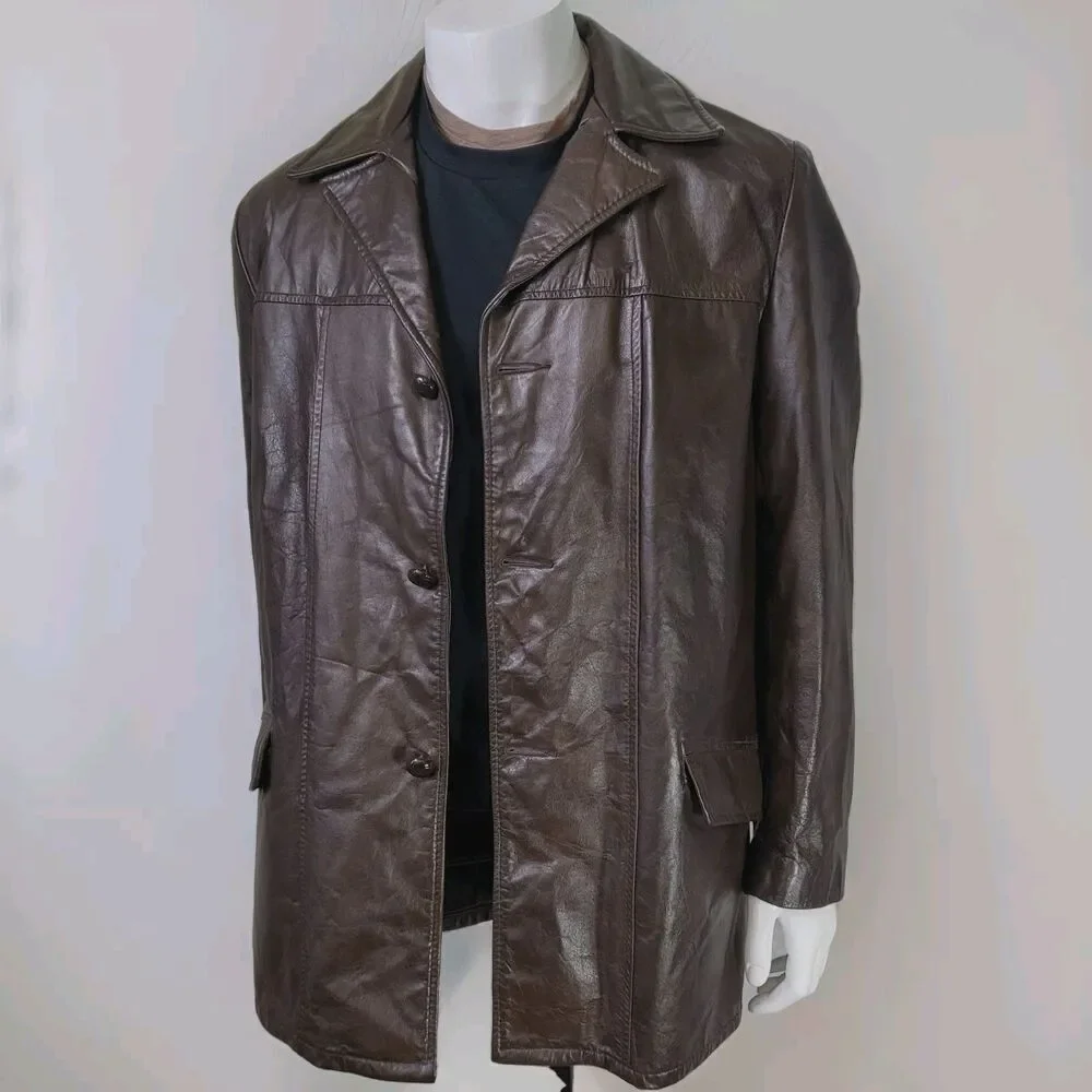 VTG Sears Leather Shop Car Coat Removable Faux Fur Lining Brown Men's 40 Tall